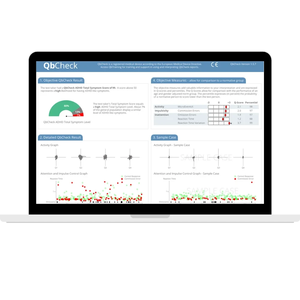 Example QbCheck ADHD assessment report displayed on a laptop screen
