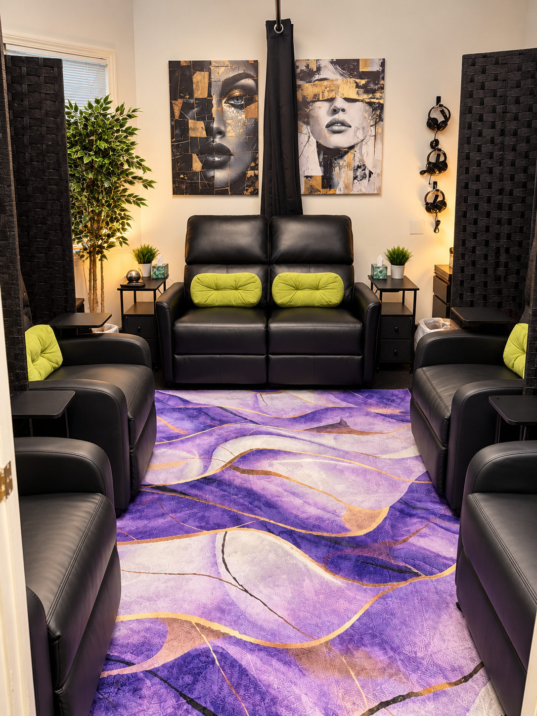 Northern Lights Psychiatry Spravato treatment suite — private black leather recliners, lime-green pillows, purple abstract rug, and gold artwork